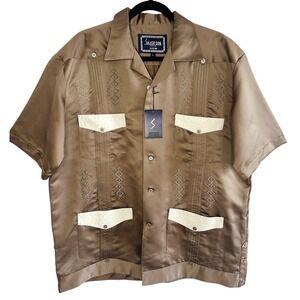 Saxifon USA Men's Guayabera Shirt Satin Brown Tan Embroidered Ostrich Trim Large